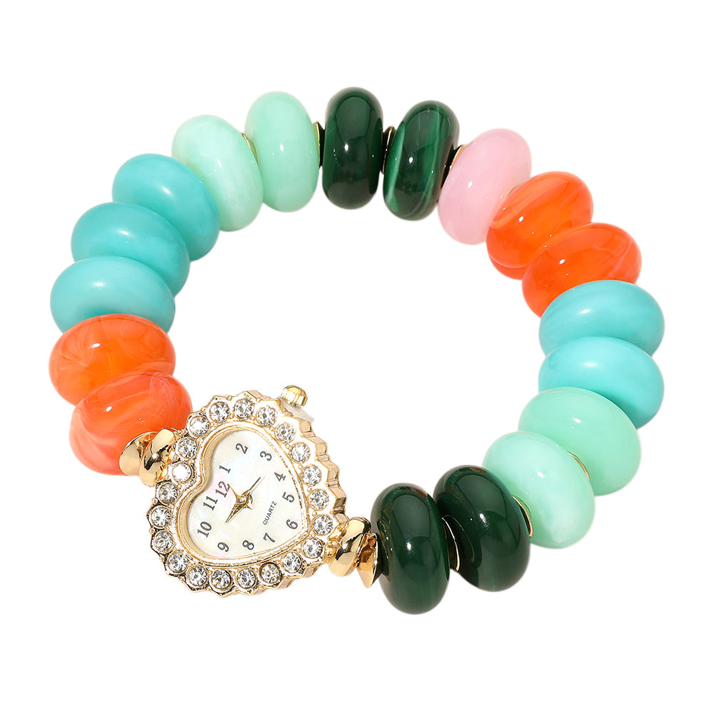 Heart Shape Dial Watch Flat Beaded Stretch Bracelet