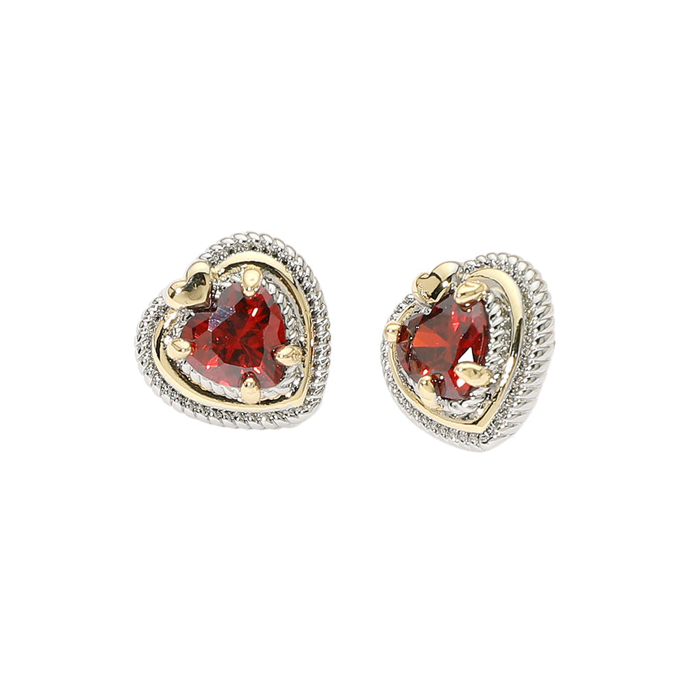 14K Gold Plated Two Tone Heart CZ Stone Stud Earrings