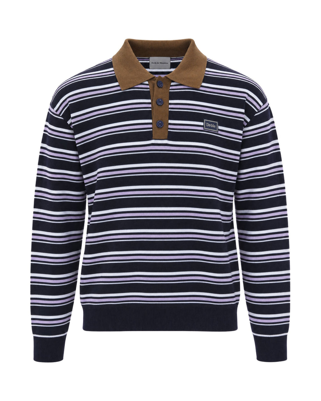 Navy Striped Merino Wool Knit Polo Shirt