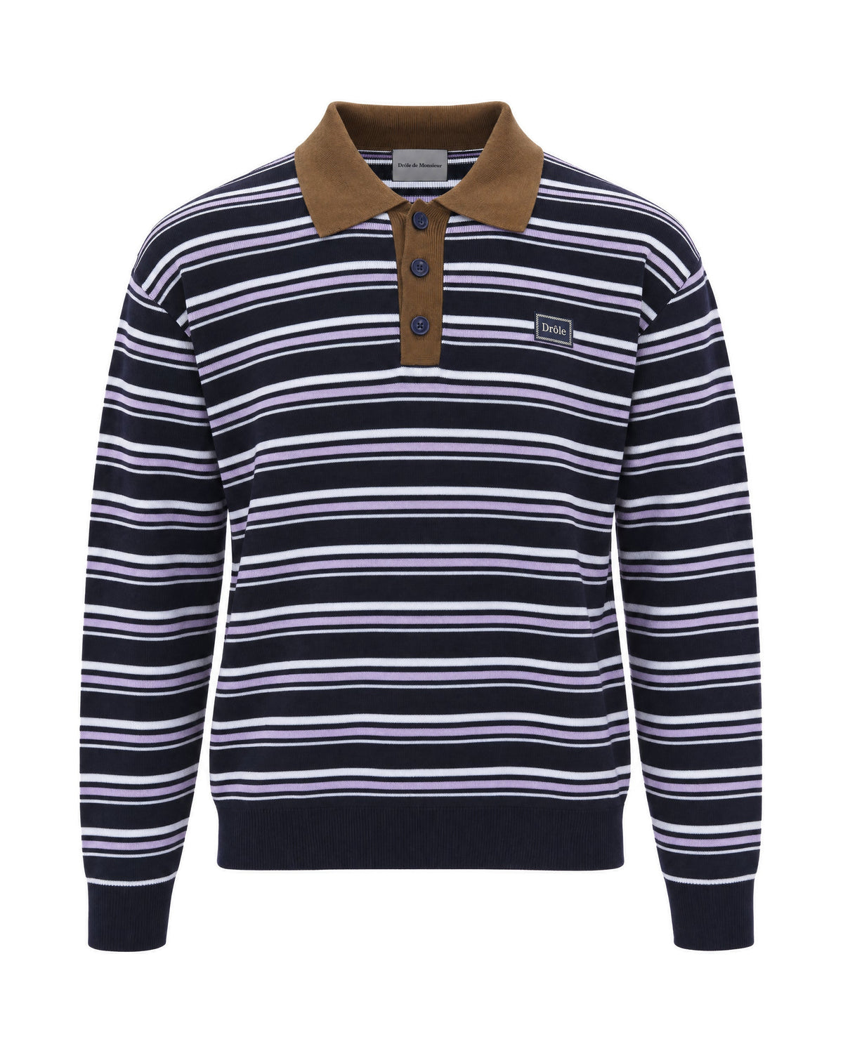 Navy Striped Merino Wool Knit Polo Shirt