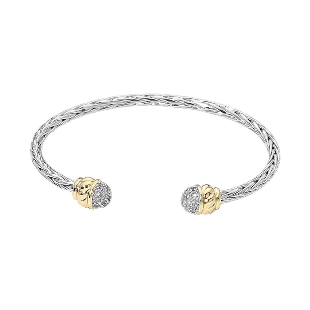 14K Gold Plated Two Tone CZ Pave Tip Braided Cuff Bracelet
