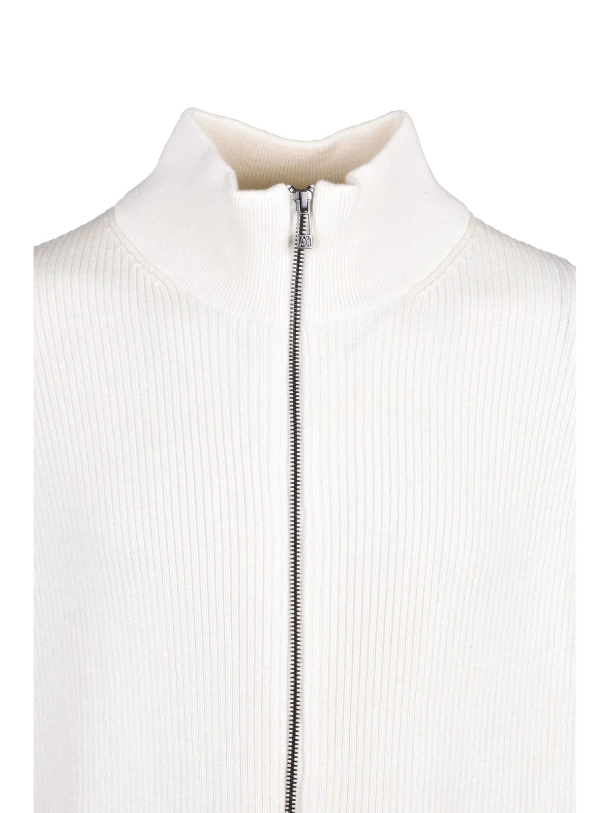 White Ribbed Knit Wool-Blend Zip Cardigan