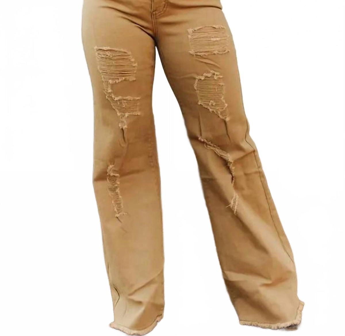 High Rise Distressed Wide Leg Jeans In Camel Wash