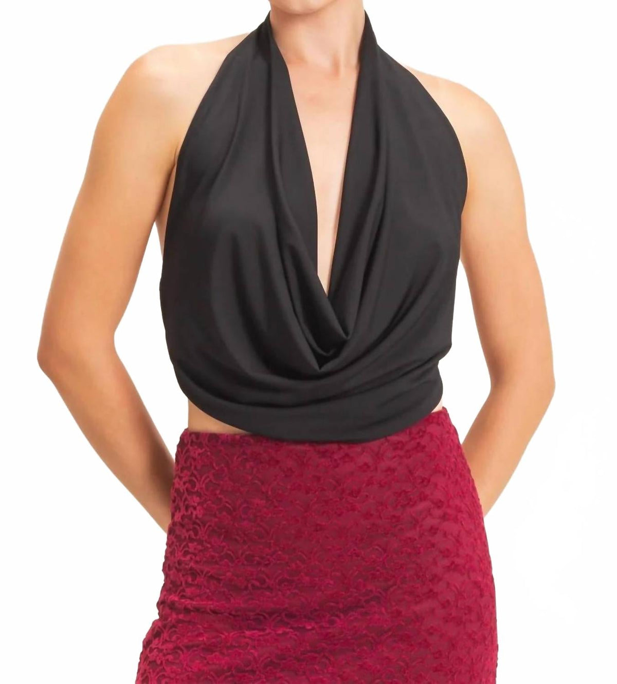 The After Hours Draped Halter Neck Open Back Top In Black