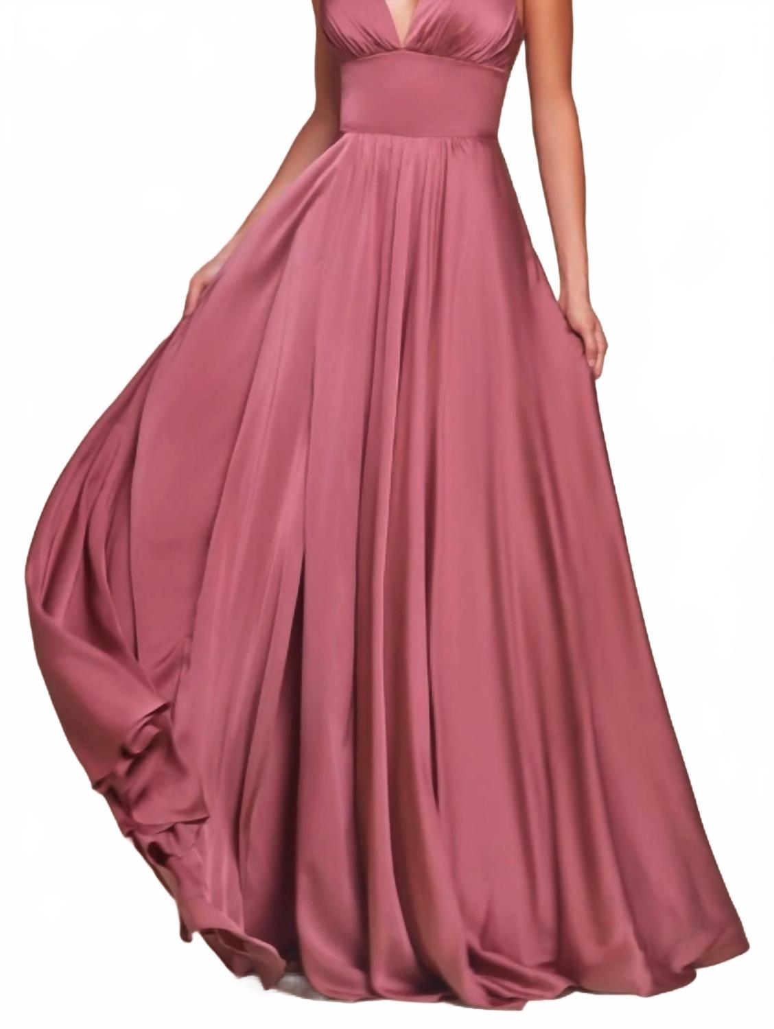 V-Neck Wide Waistband Evening Maxi Dress In Mauve Rose