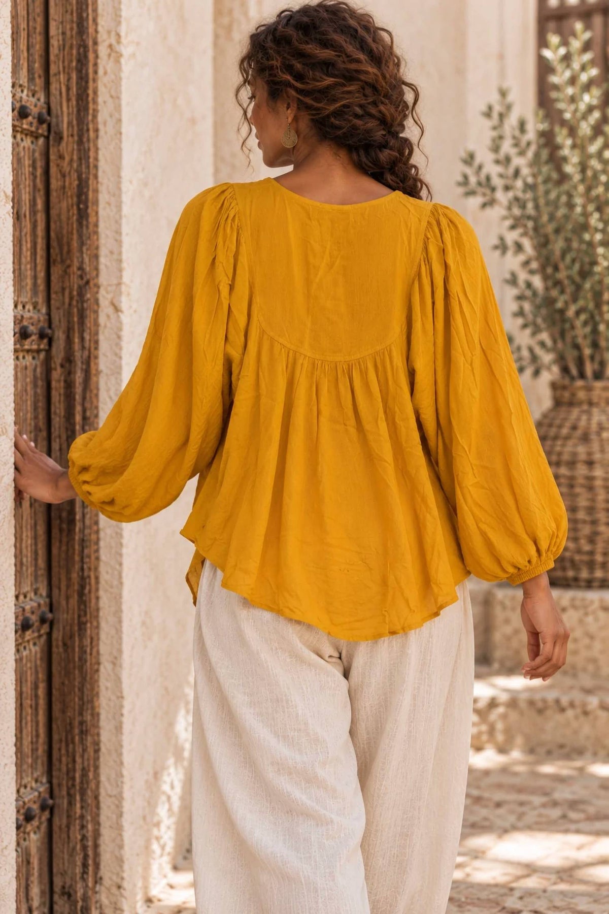 Balloon Sleeve Boho Blouse In Mustard