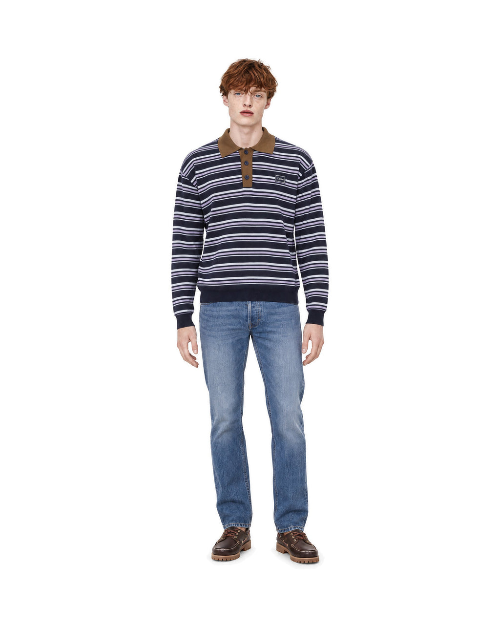 Navy Striped Merino Wool Knit Polo Shirt