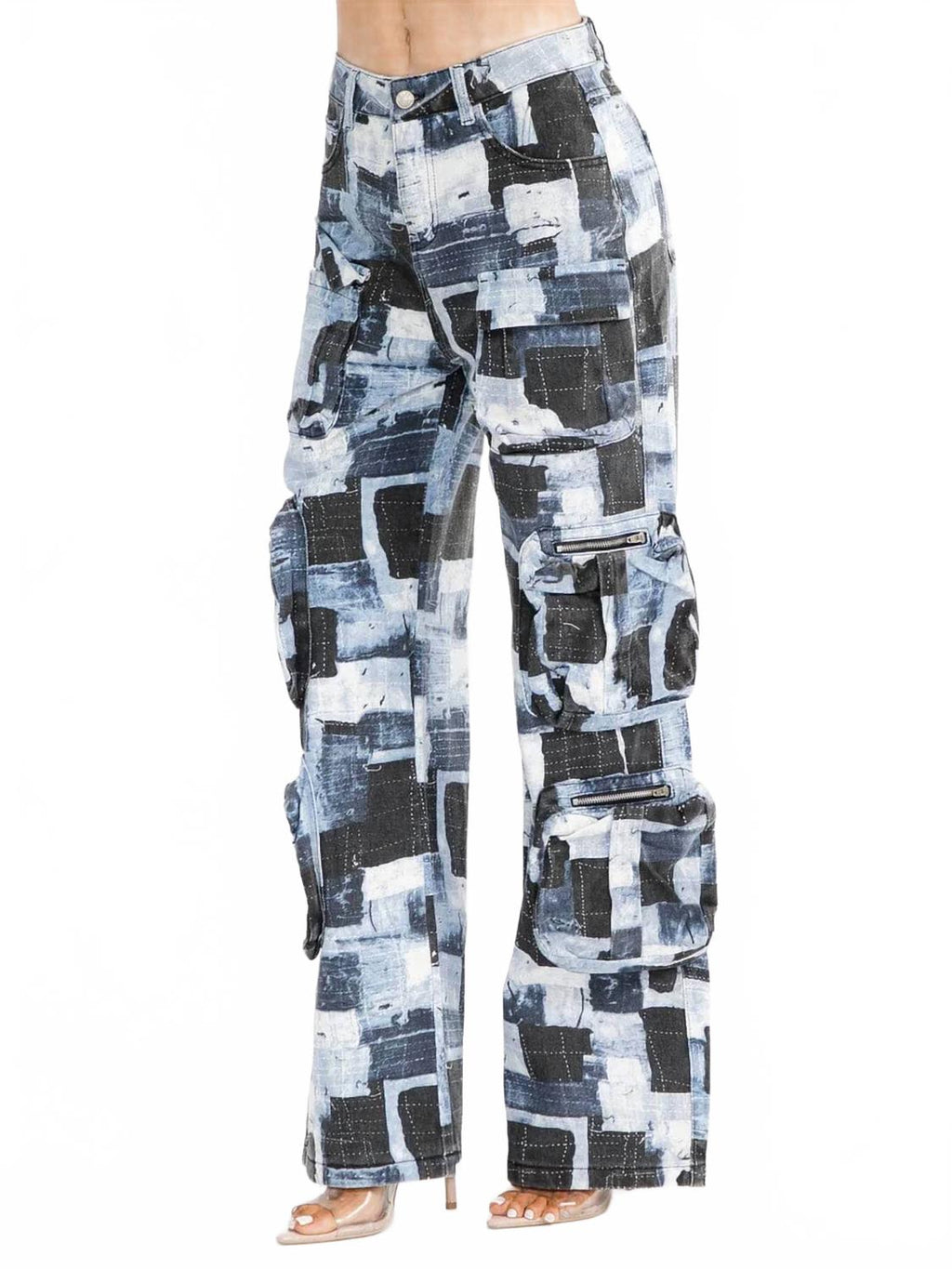 Mosaic Muse Patchwork Print Wide Leg Cargo Jeans In Blue