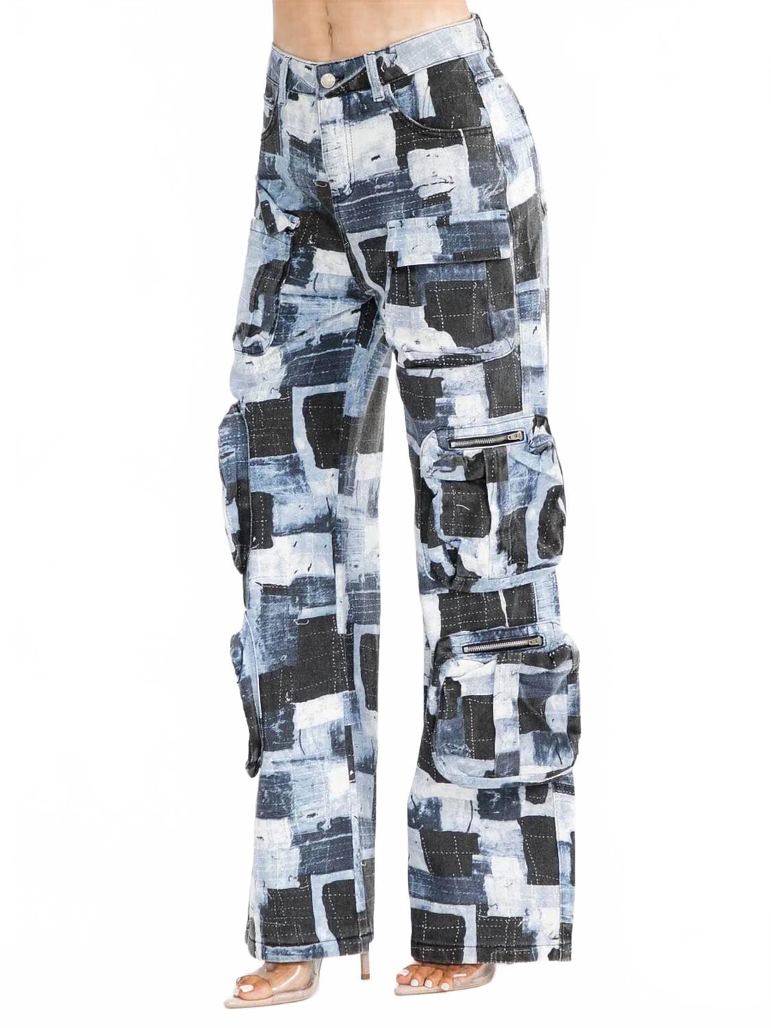 Mosaic Muse Patchwork Print Wide Leg Cargo Jeans In Blue
