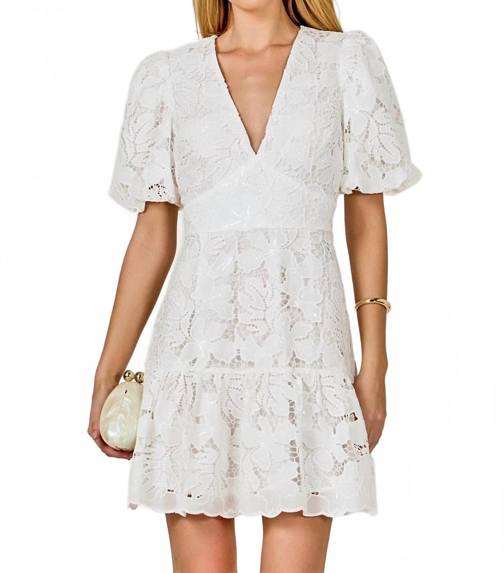 Sequins Lace Mini Dress With Blouson Sleeves In White
