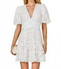 Sequins Lace Mini Dress With Blouson Sleeves In White