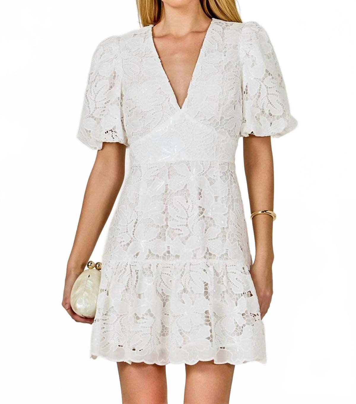Sequins Lace Mini Dress With Blouson Sleeves In White