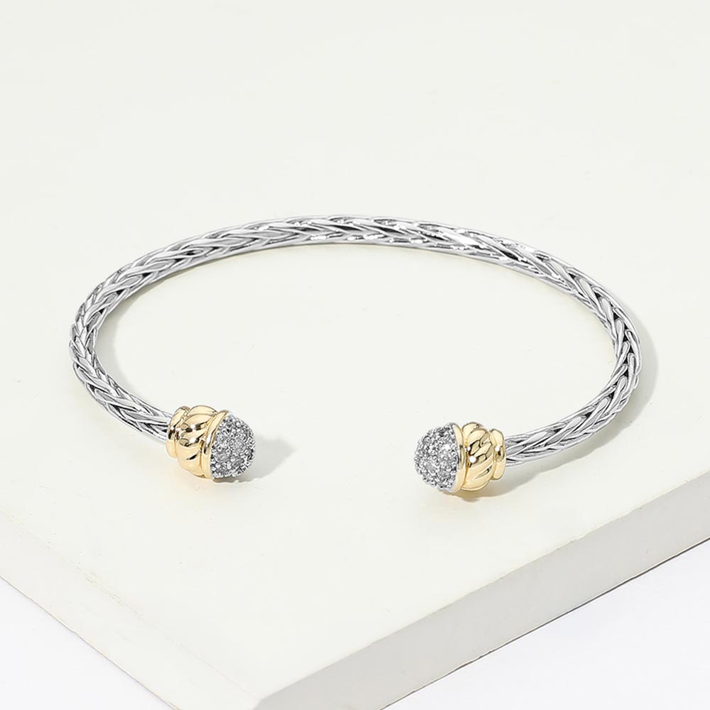 14K Gold Plated Two Tone CZ Pave Tip Braided Cuff Bracelet