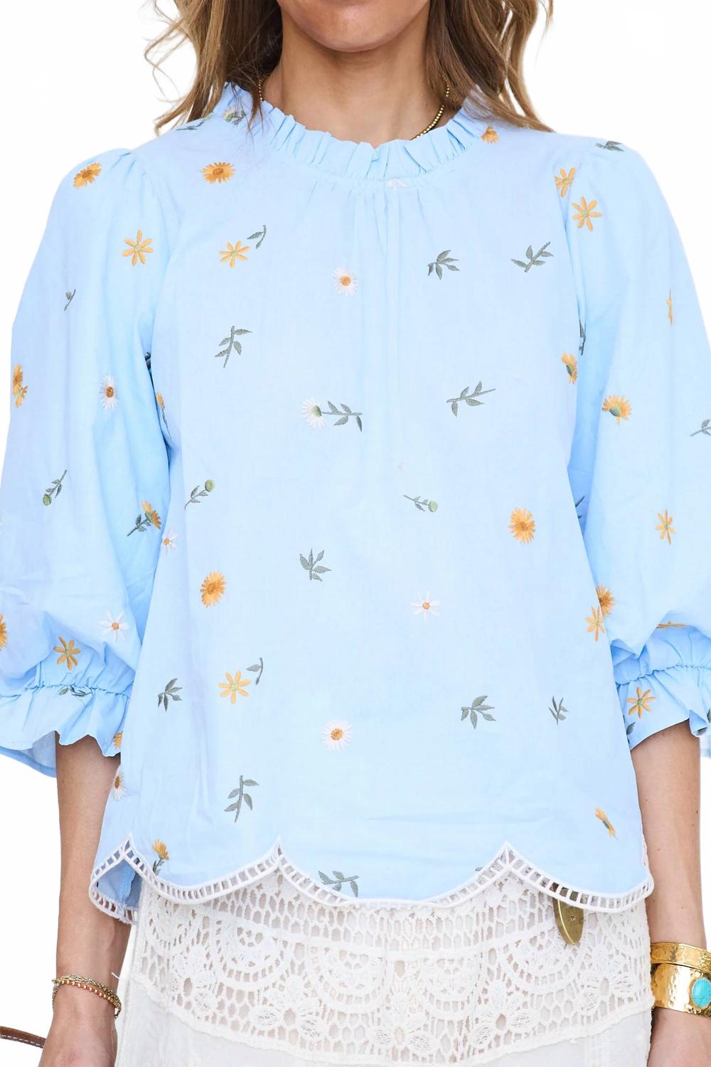 Scallop Hem Detail Embroidered Top In Blue