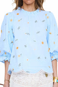 Scallop Hem Detail Embroidered Top In Blue