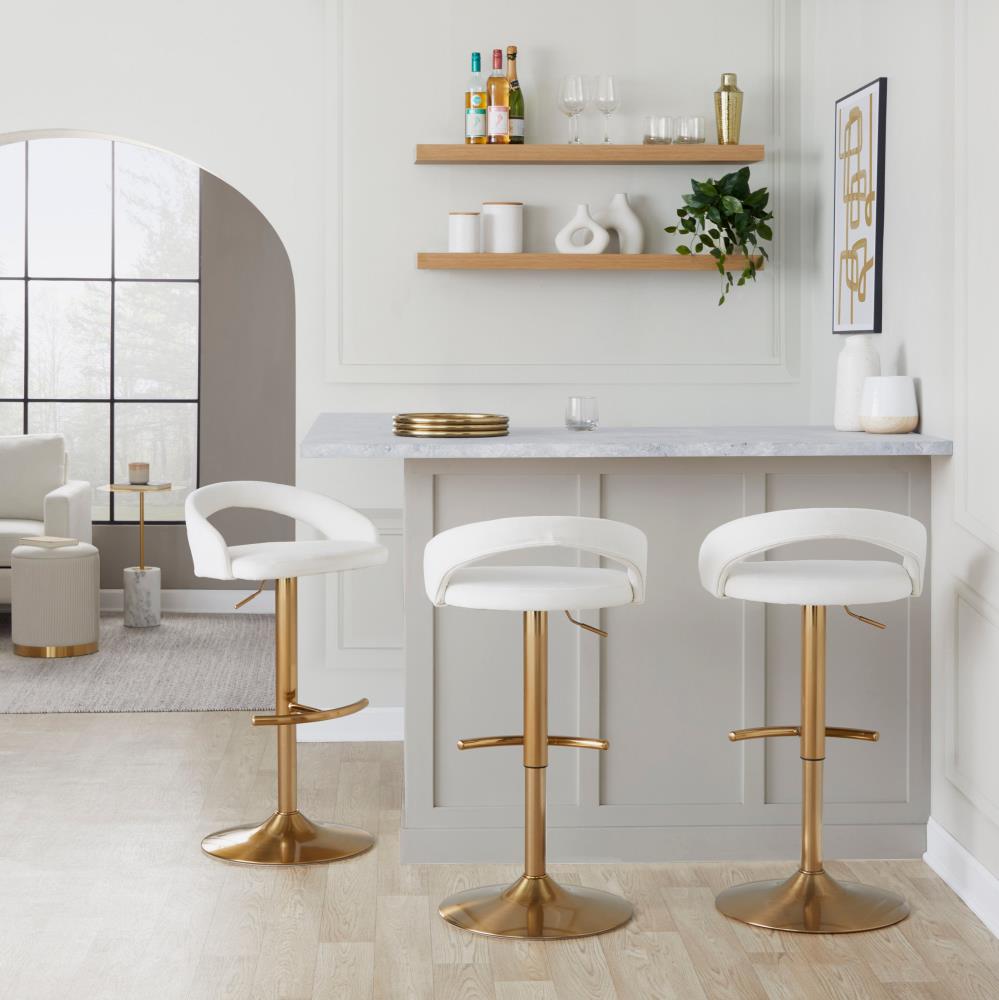 Set of 2 Adjustable Height Bar Stools with Upholstered Seats and Decorative Footrests