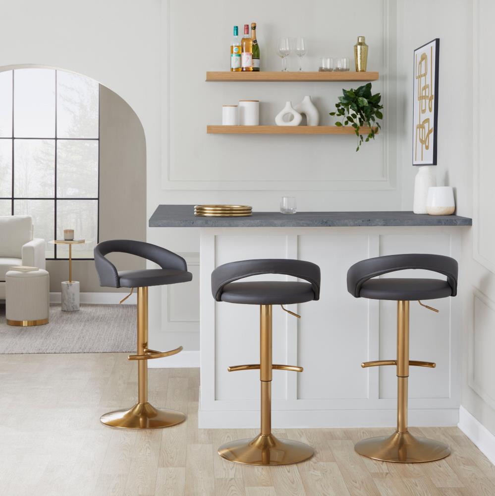 Set of 2 Upholstered Adjustable Barstools with Metal Bases and Rounded Footrests