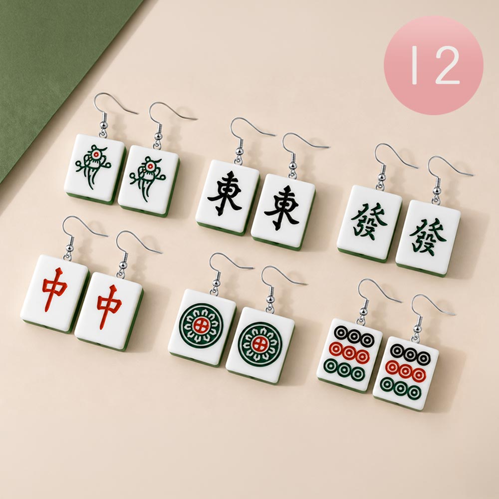 12Pairs - Mahjong Tile Charm Drop Earrings