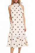 Ruffle Neck Tie Sleeveless Midi Dress In Brown