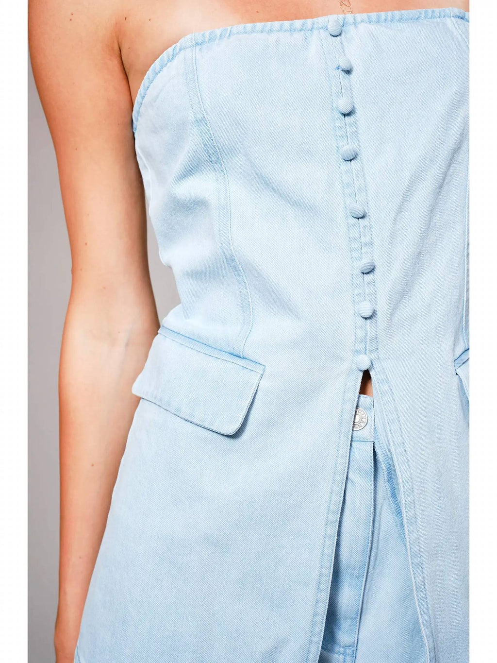 Tube Button Detail Tunic Denim Set In Light Blue