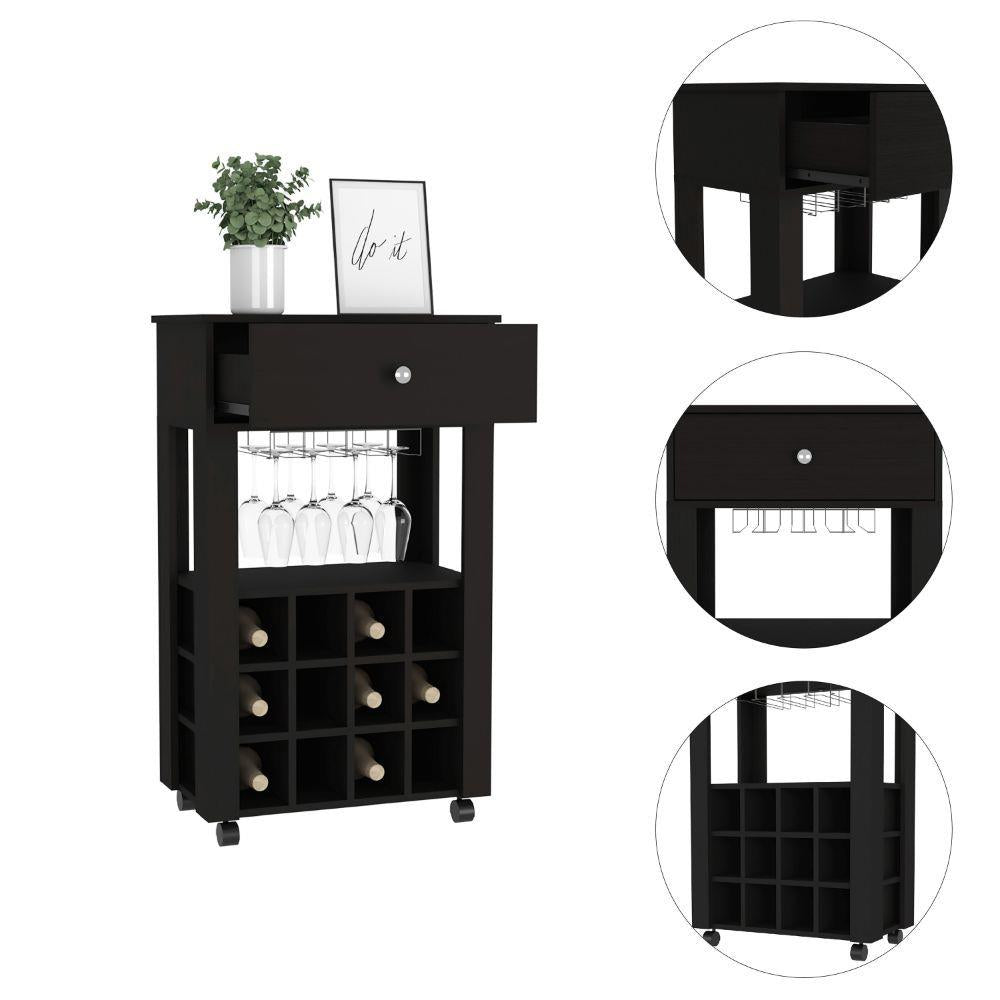 Rolling Wine Cabinet with 12-Bottle Rack and Drawer