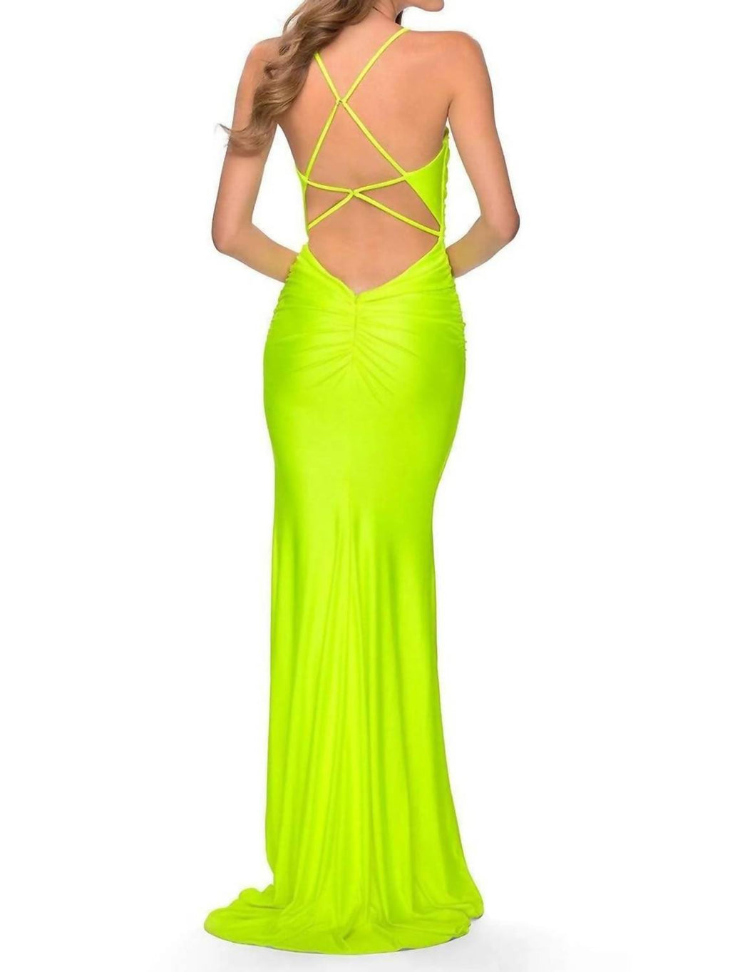 Ruched V-Neck Gown - Plus In Neon Yellow