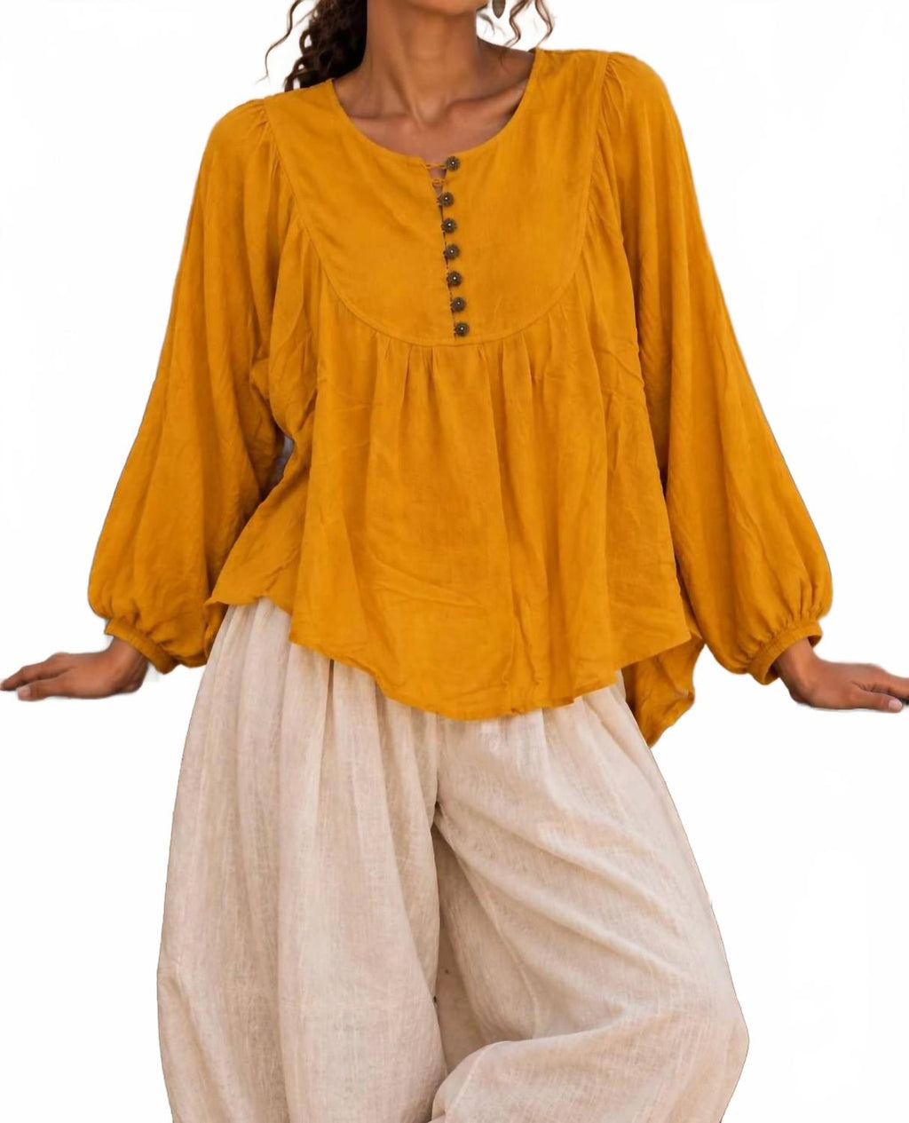 Balloon Sleeve Boho Blouse In Mustard