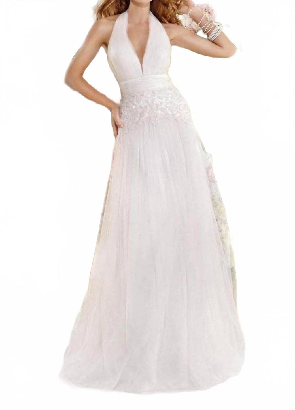 Plunging Halter Shirred Evening Prom Gown In Krem