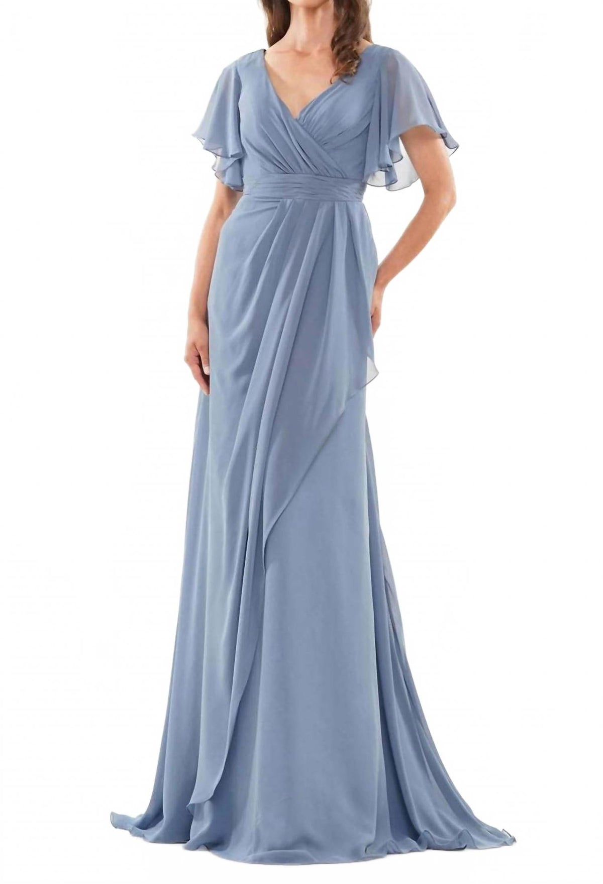 V-Neck Empire Evening Maxi Dress In Slate Blue