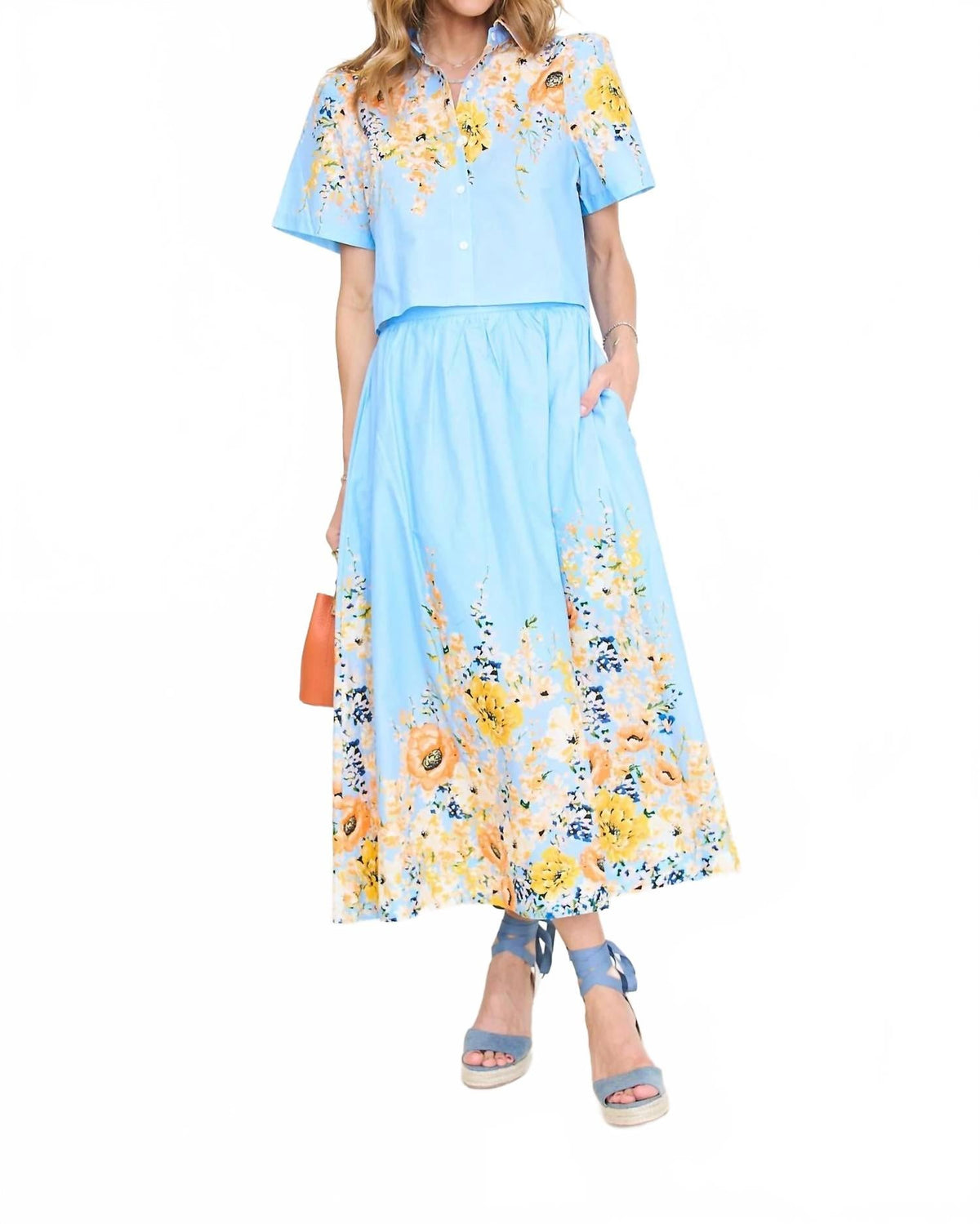 Summer Florals Midi Skirt Set In Blue Multi