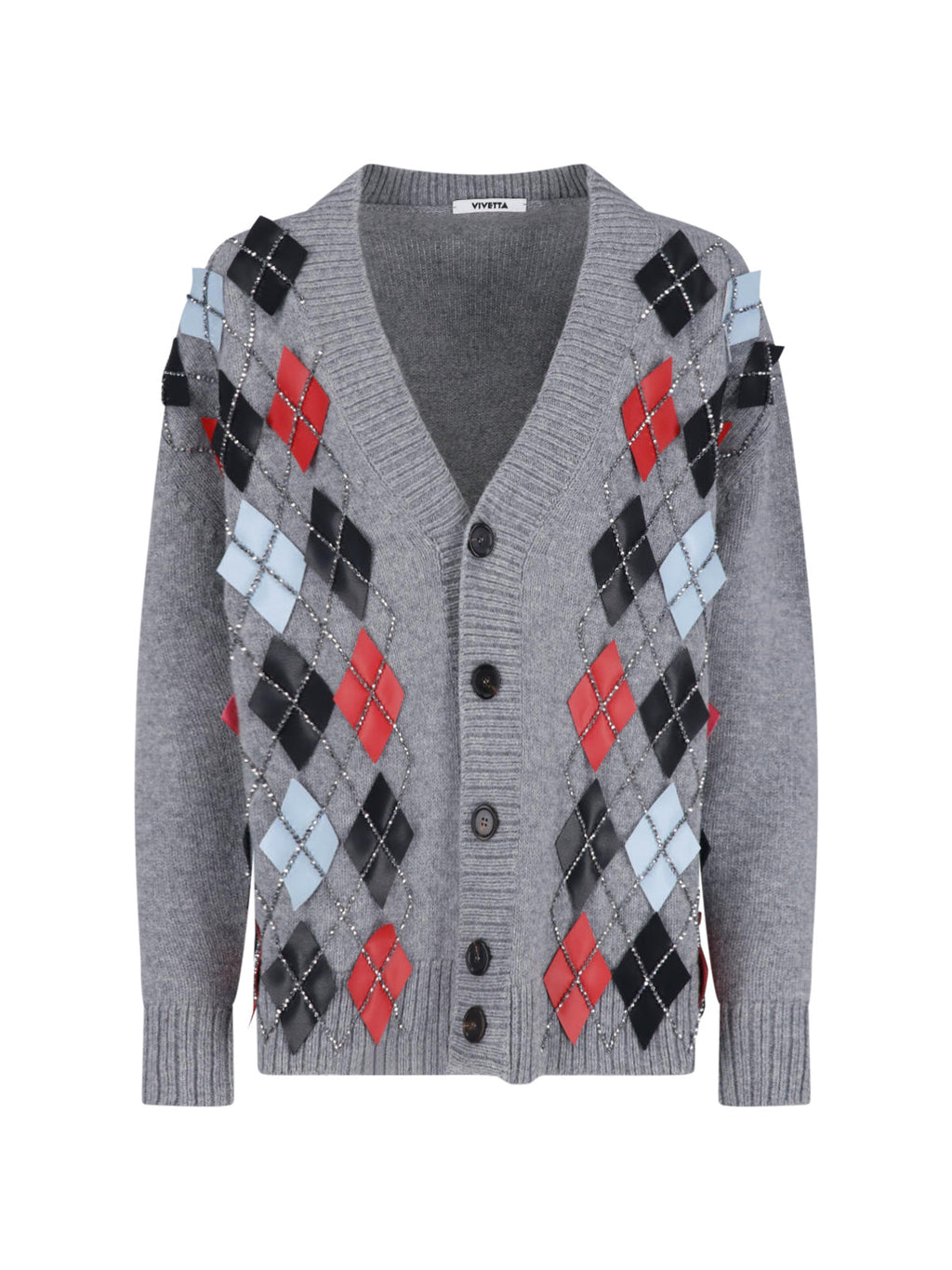Grey Wool V-Neck Rhinestone Cardigan