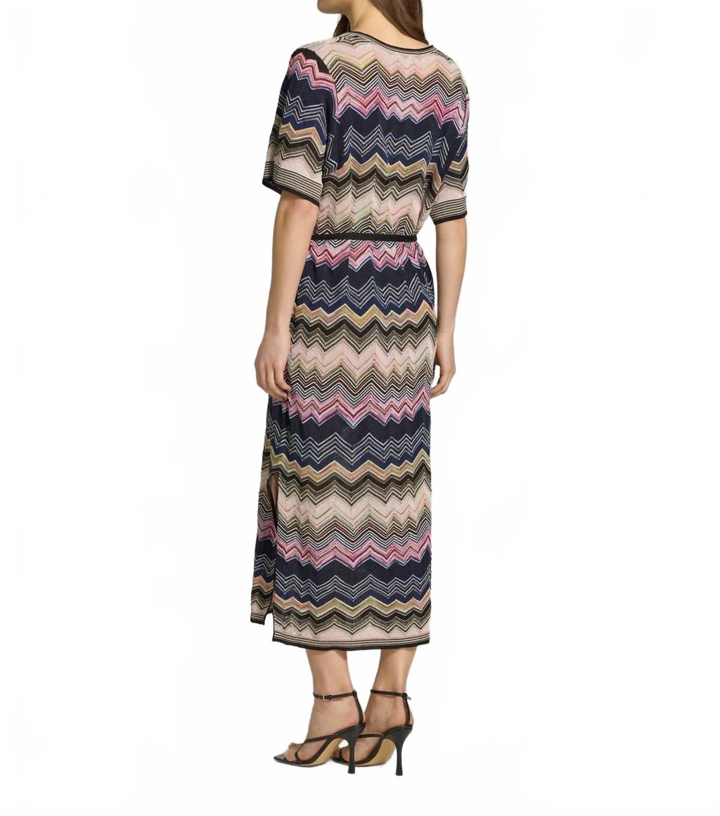 Knitted Zig Zag Print Midi Dress In Rose Blue