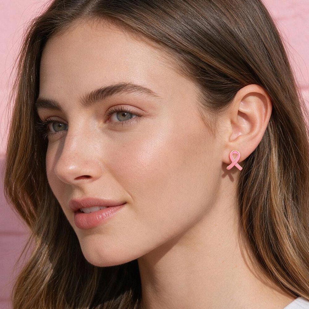 Enamel Pink Ribbon Symbol Stud Earrings