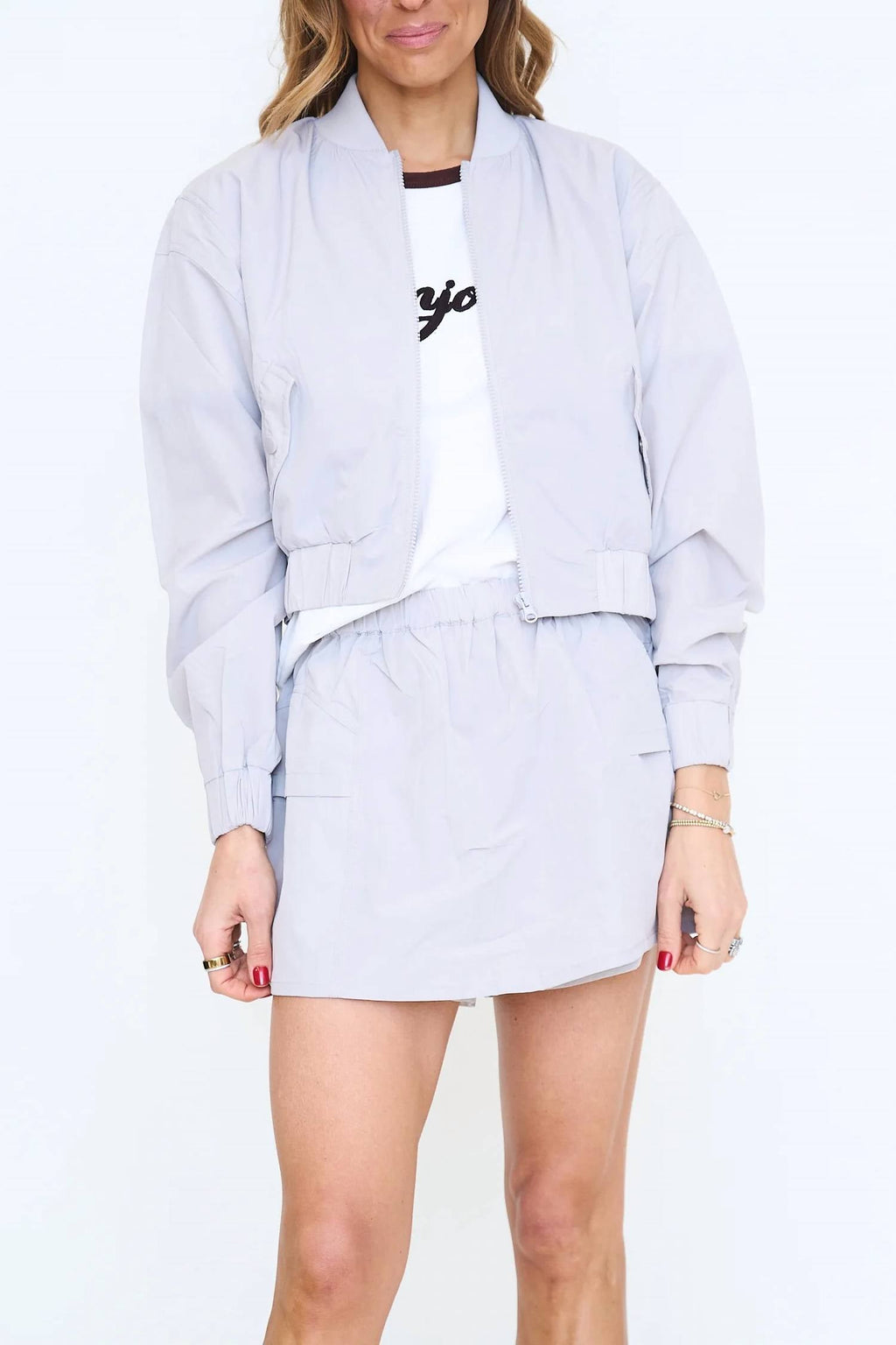 Stretch Woven Bomber Jacket And Skort Set In Silver