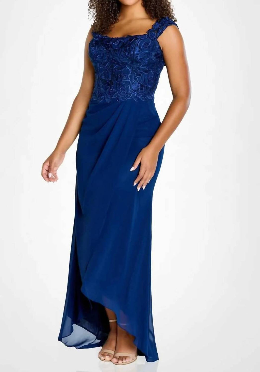 Cap Sleeve Formal Maxi Dress In Navy Blue