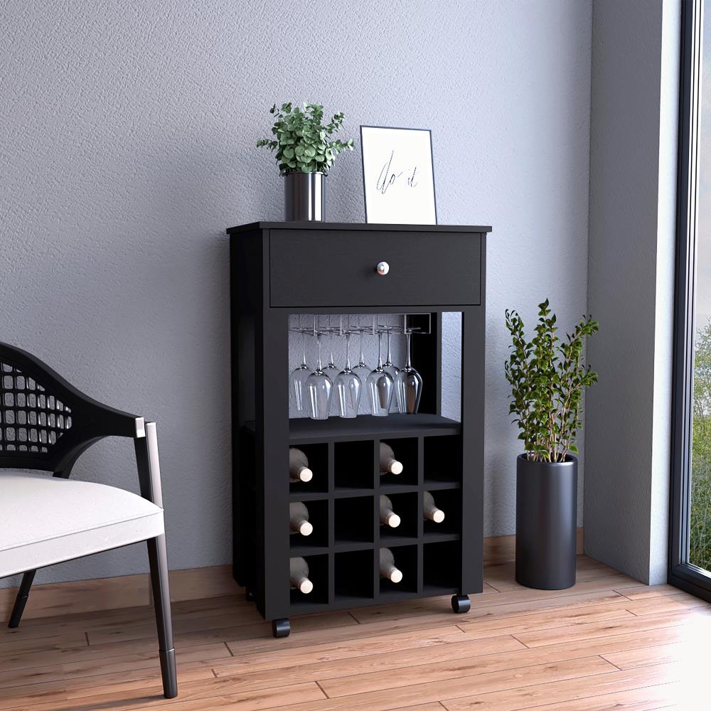 Rolling Wine Cabinet with 12-Bottle Rack and Drawer