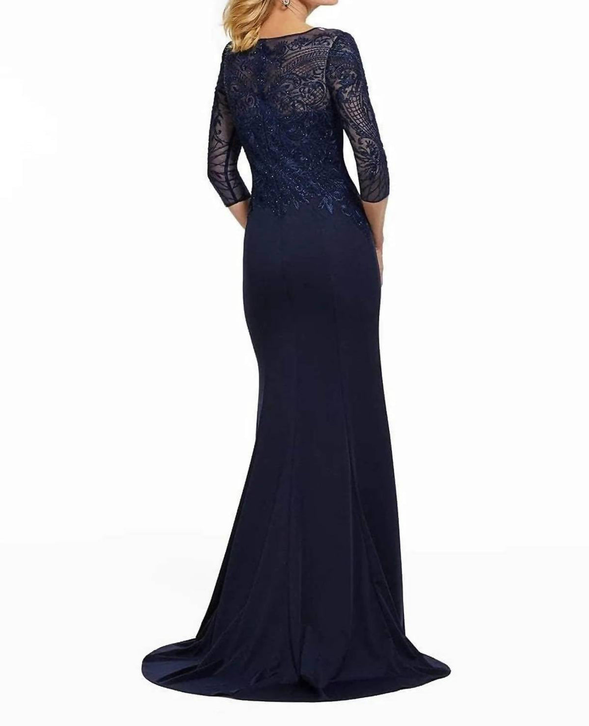Embroidered Bateau Jersey Evening Gown In Navy