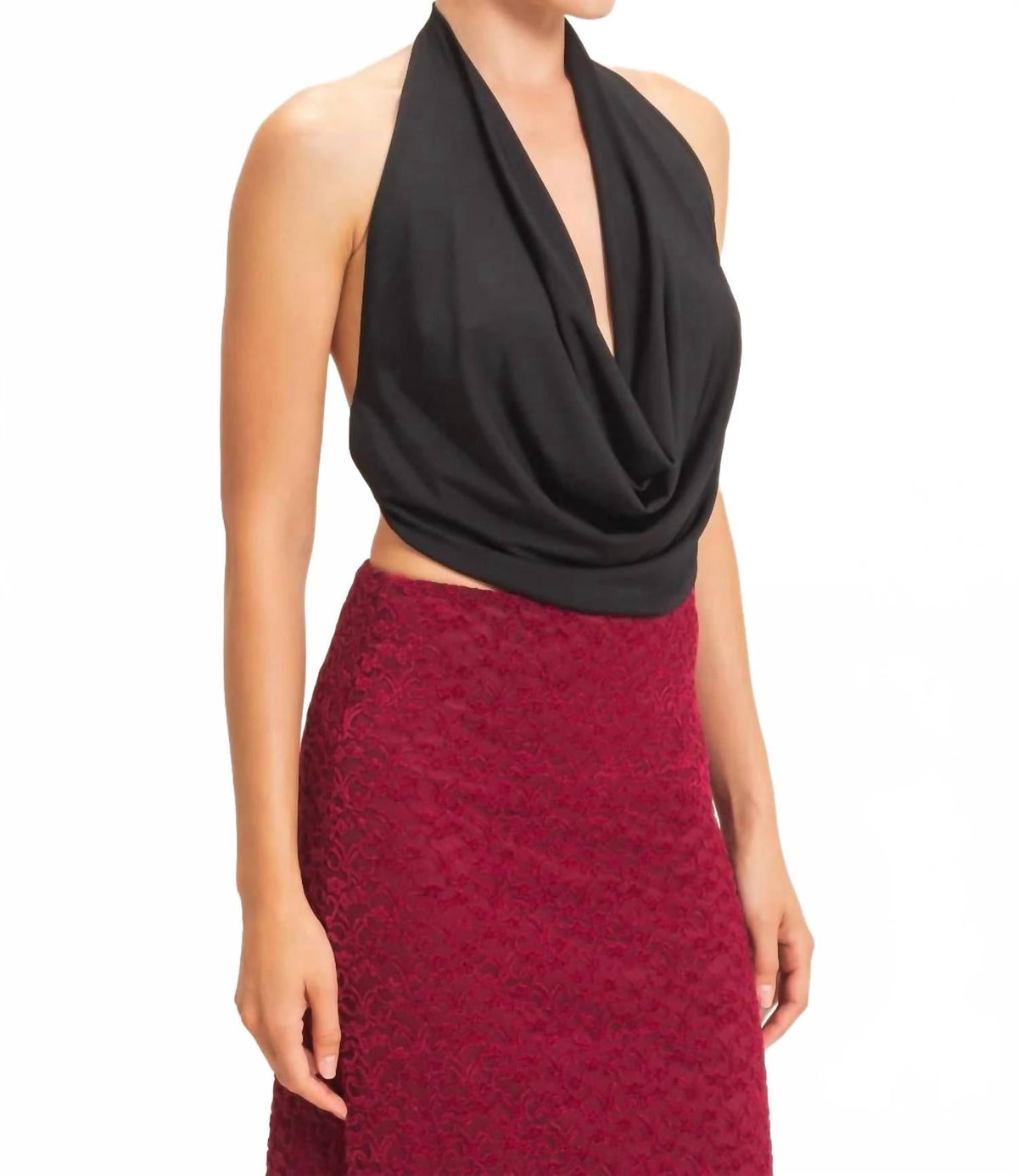 The After Hours Draped Halter Neck Open Back Top In Black