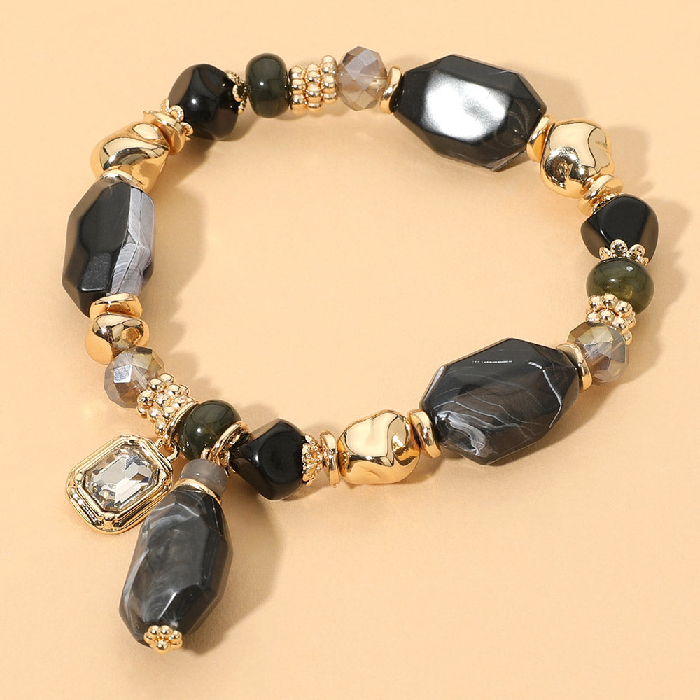 Faceted Stone Charm Beaded Stretch Bracelet