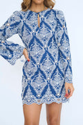 Marcie Keyhole Neckline Mini Dress In Blue Patterned