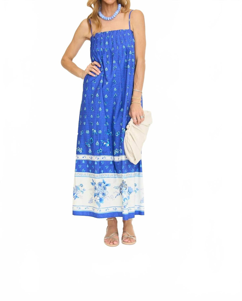 Pleated Floral Print Sleeveless Maxi Dress In Royal Blue/ White