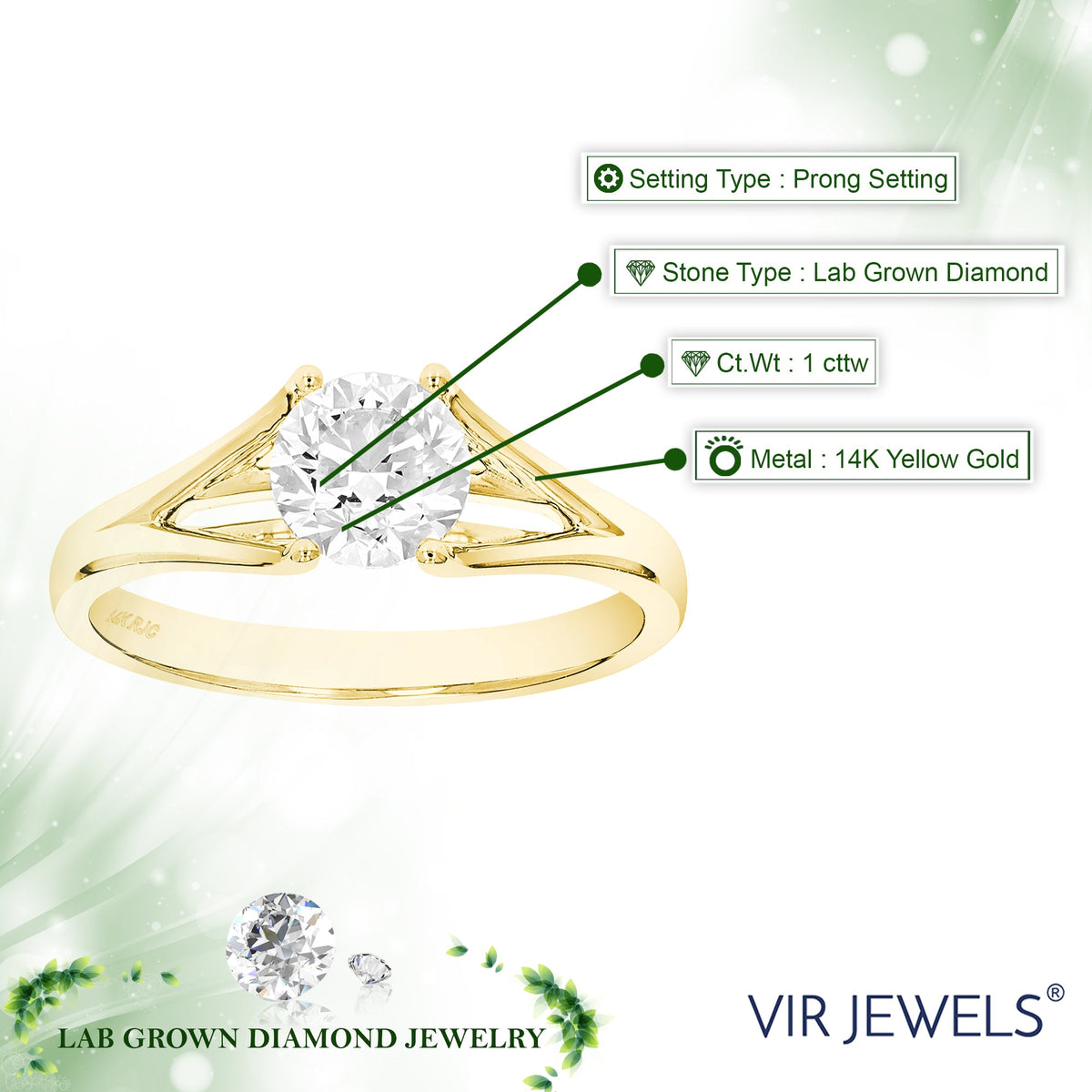 1 cttw Lab Grown Diamond Engagement Solitaire Ring in 14K Yellow Gold For Women