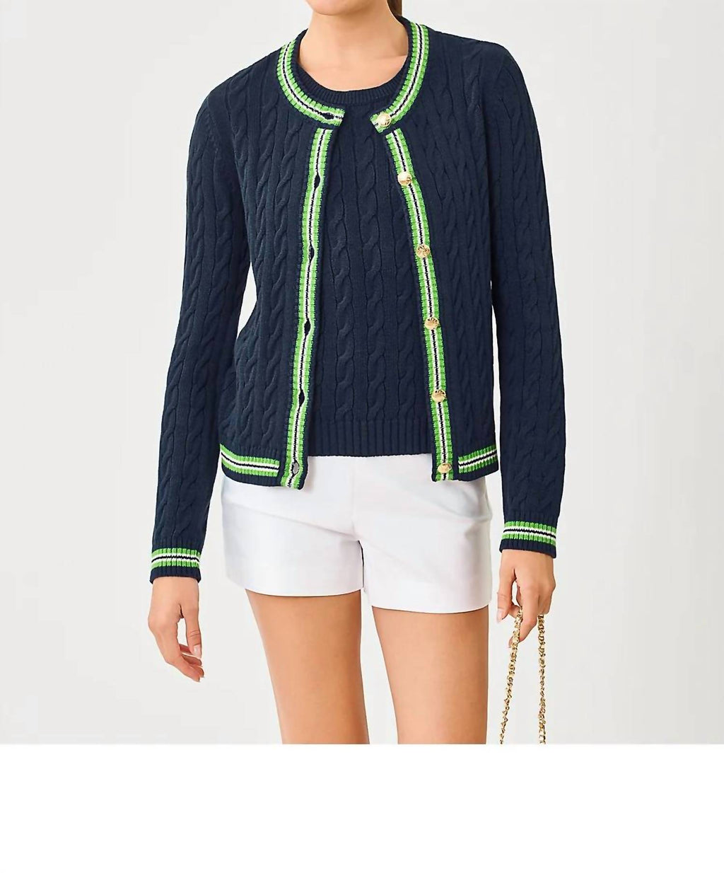 Brockton Crew Neck Cardigan In Low Tide Navy X Chateau Green Tipping