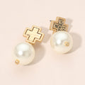 Hammered Metal Cross Pearl Drop Earrings