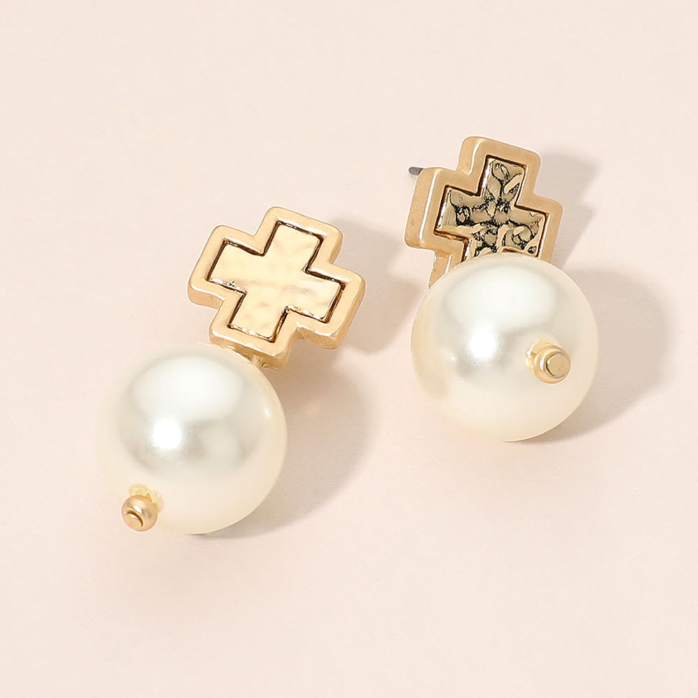 Hammered Metal Cross Pearl Drop Earrings