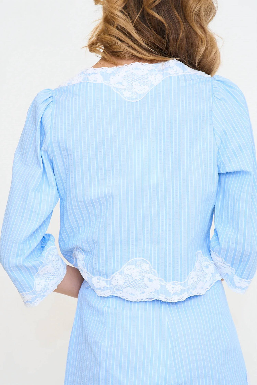 Zoey Button Up Lace Trim Top In Blue