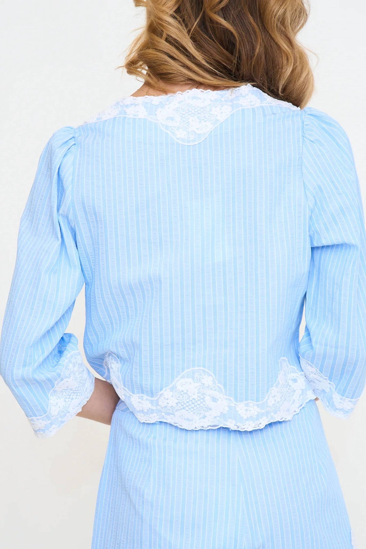 Zoey Button Up Lace Trim Top In Blue