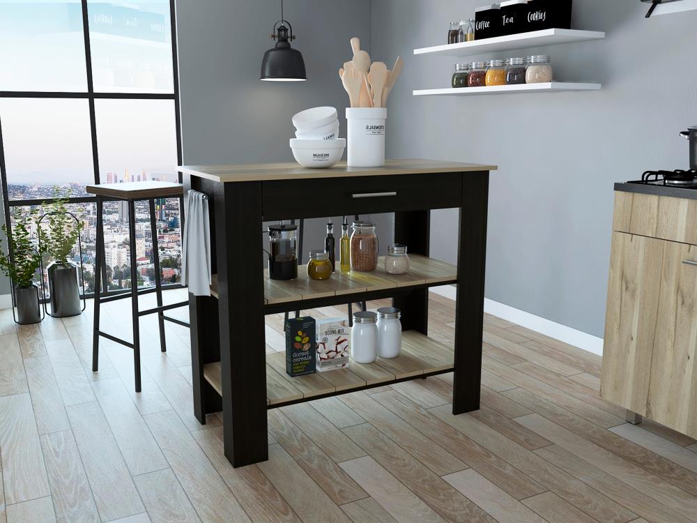 Kitchen Island Cart with Drawer and Open Shelves