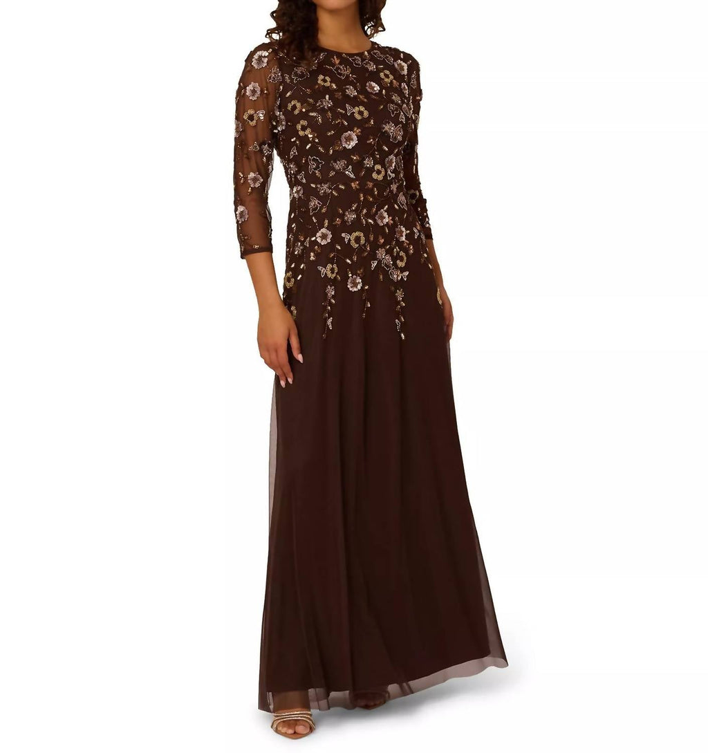 Crew Neck Floor-Length Mesh Formal A-Line Gown In Chocolate