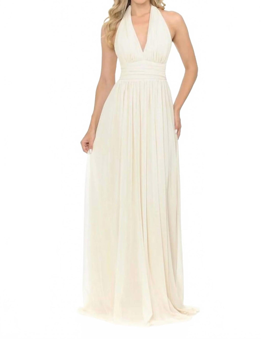 Ornate Plunging Halter A-Line Maxi Dress In Ivory
